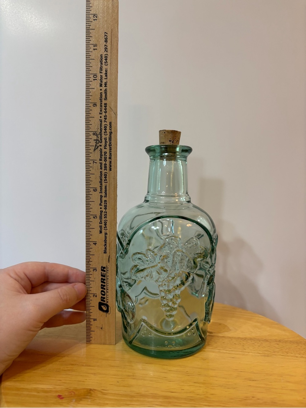 Vintage Libbey “Orchard Fruit”Decorative Aqua Glass Bottle with Cork Stopper
